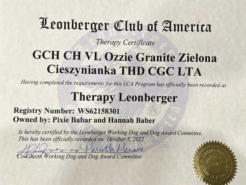 Certyfikat Leonberger Club of America